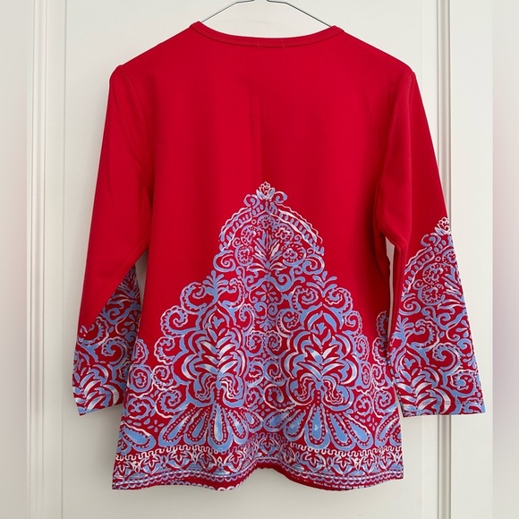J. McLaughlin Catalina Cloth Blue Red Floral Damask Print Top Small 3/4 Sleeve - Picture 2 of 11